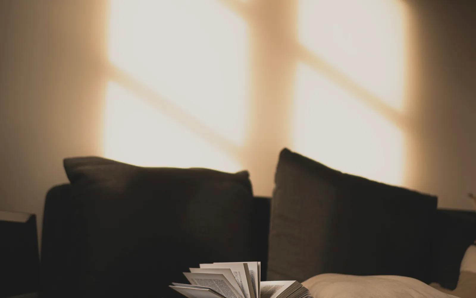 Late sun through a window on the wall above a dark sofa, an open book on the cushions