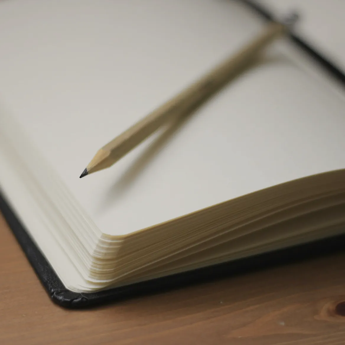 A blank notebook lying open with a pencil, on timber in side light
